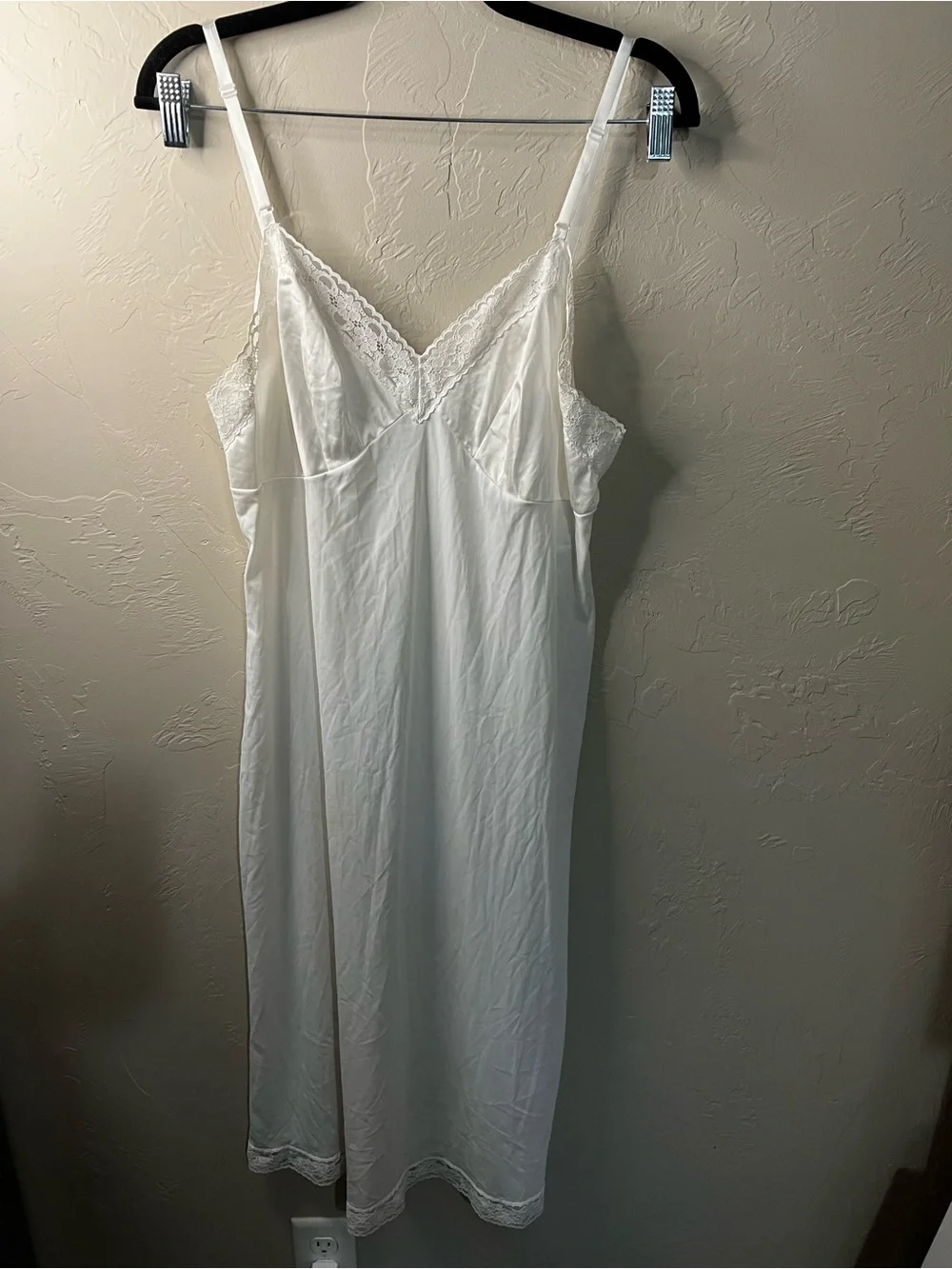 Vanity Fair Vintage 80s White Lace Trim Bridal  Semi Sheer Midi Slip Dress